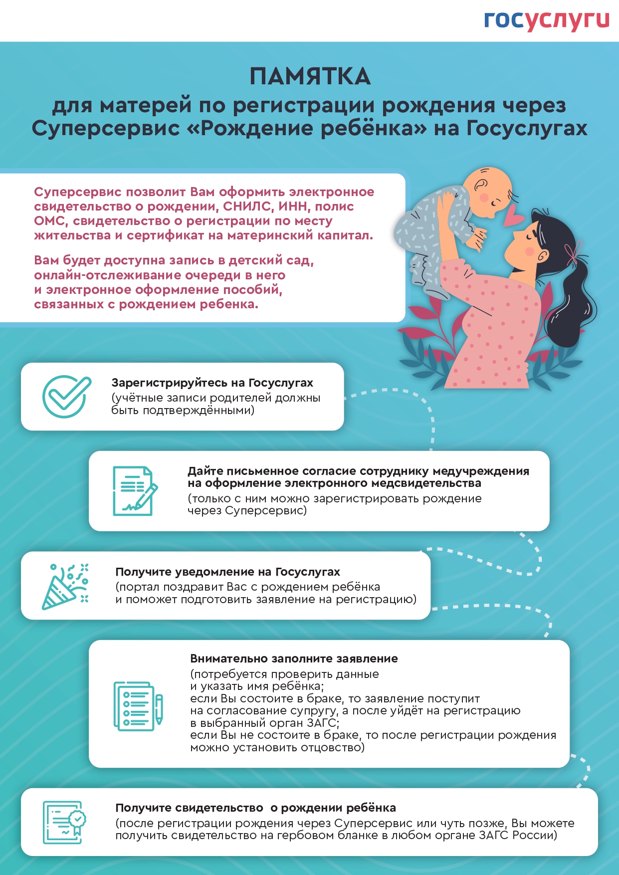 ПАМЯТКА для матерей по регистрации рождения через Суперсервис «Рождение ребёнка» на Госуслугах